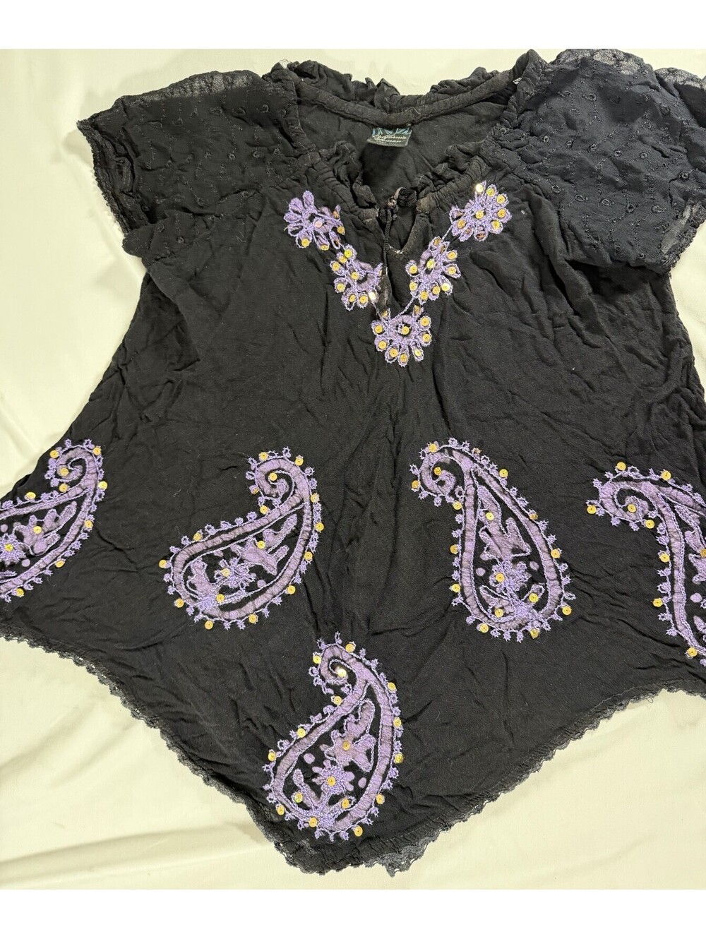 California Dynasty Black Embroidered Boho Top